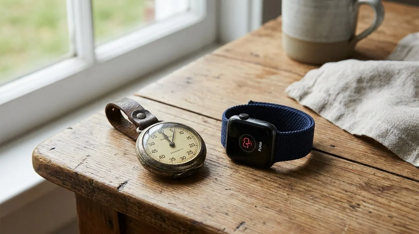Editorial photo of a vintage pedometer resting beside a modern fitness watch on a wooden table