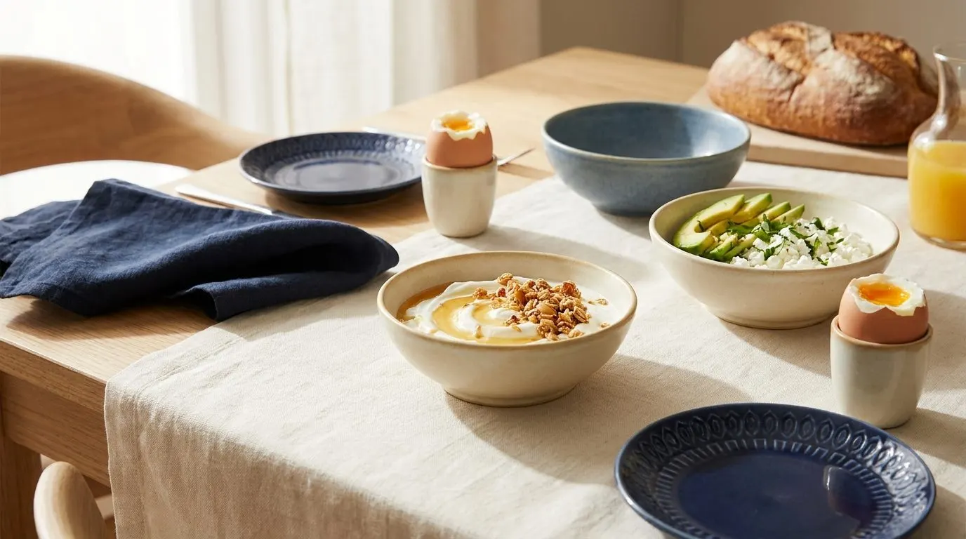Editorial breakfast scene with eggs, Greek yogurt and cottage cheese arranged on a bright table