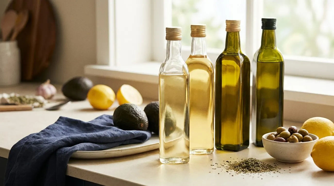 Editorial still life comparing bottles of canola, sunflower and olive oil on a kitchen counter