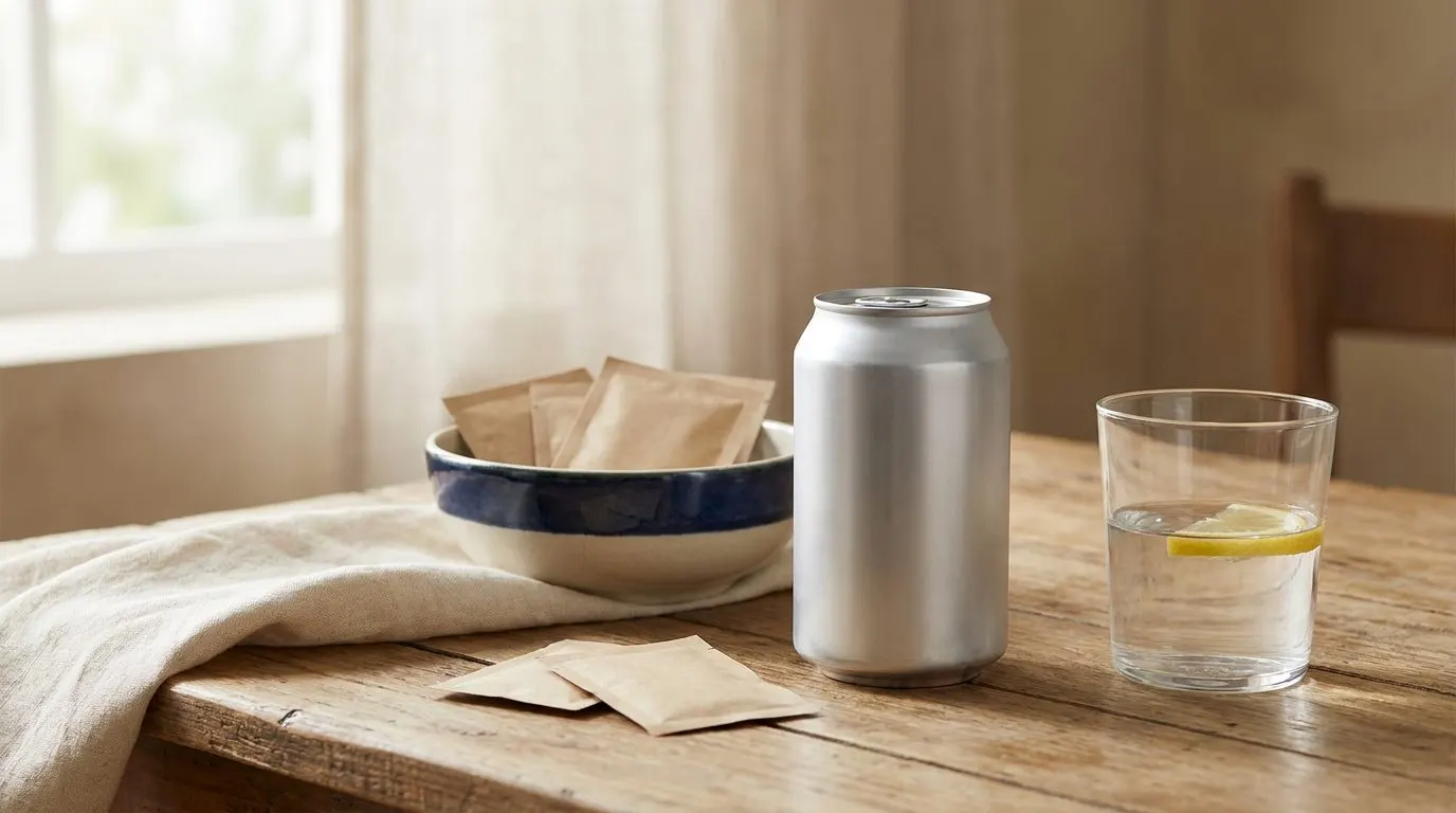 Editorial still life of a diet soda can and sweetener packets beside a glass of water