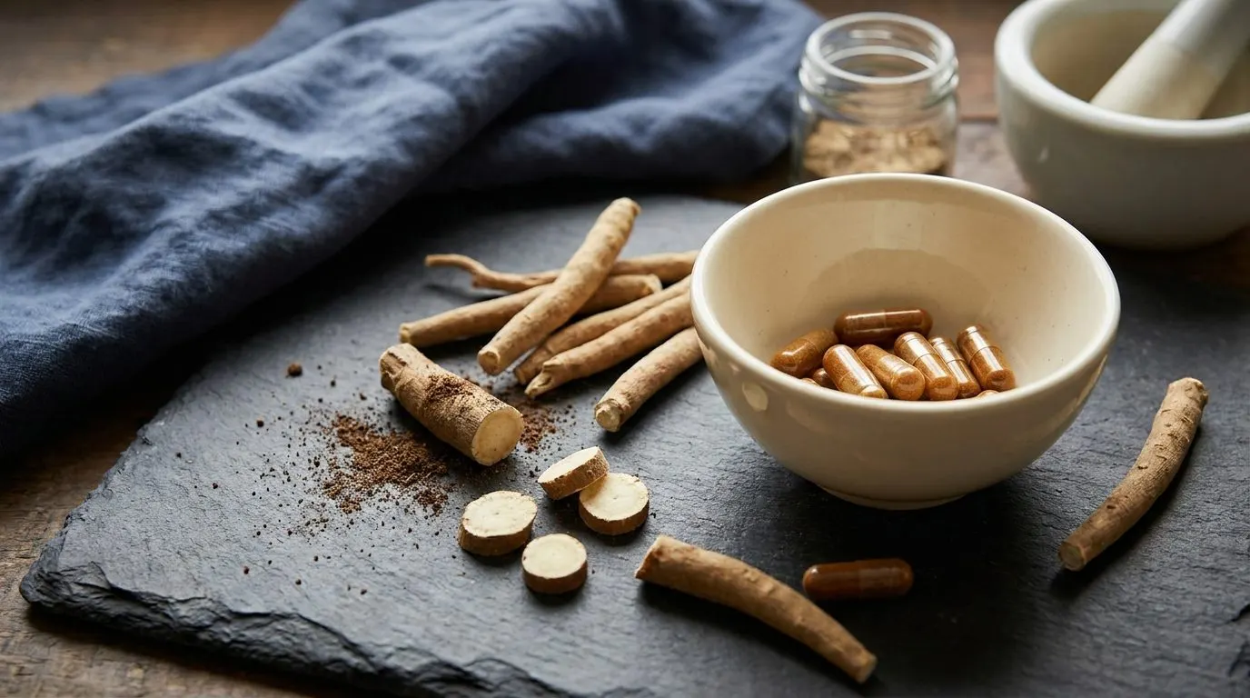 Editorial photo of ashwagandha root and capsules arranged on a dark stone surface