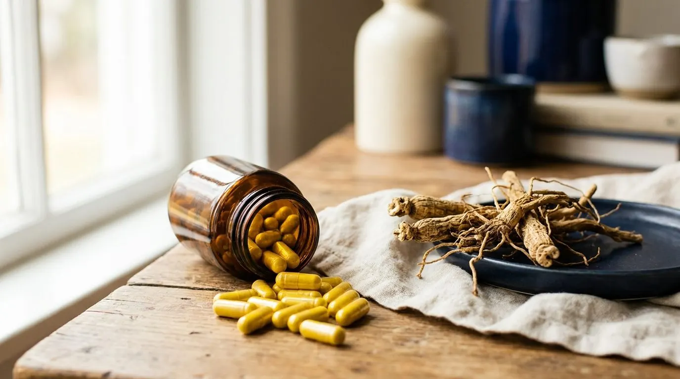 Editorial photo of yellow berberine capsules spilling from a bottle next to dried goldenseal root