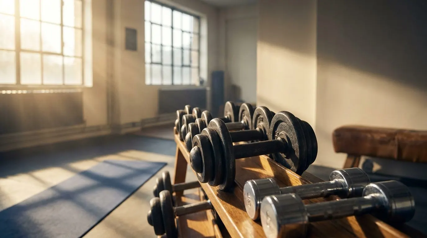 Editorial split-mood photo of gym dumbbells lit by early morning light through large windows