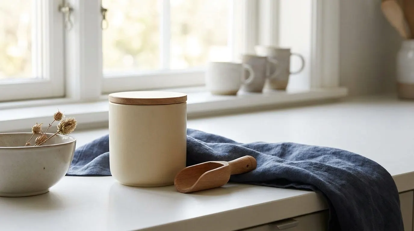 Editorial product still life of a colostrum supplement tub and scoop on a clean kitchen counter
