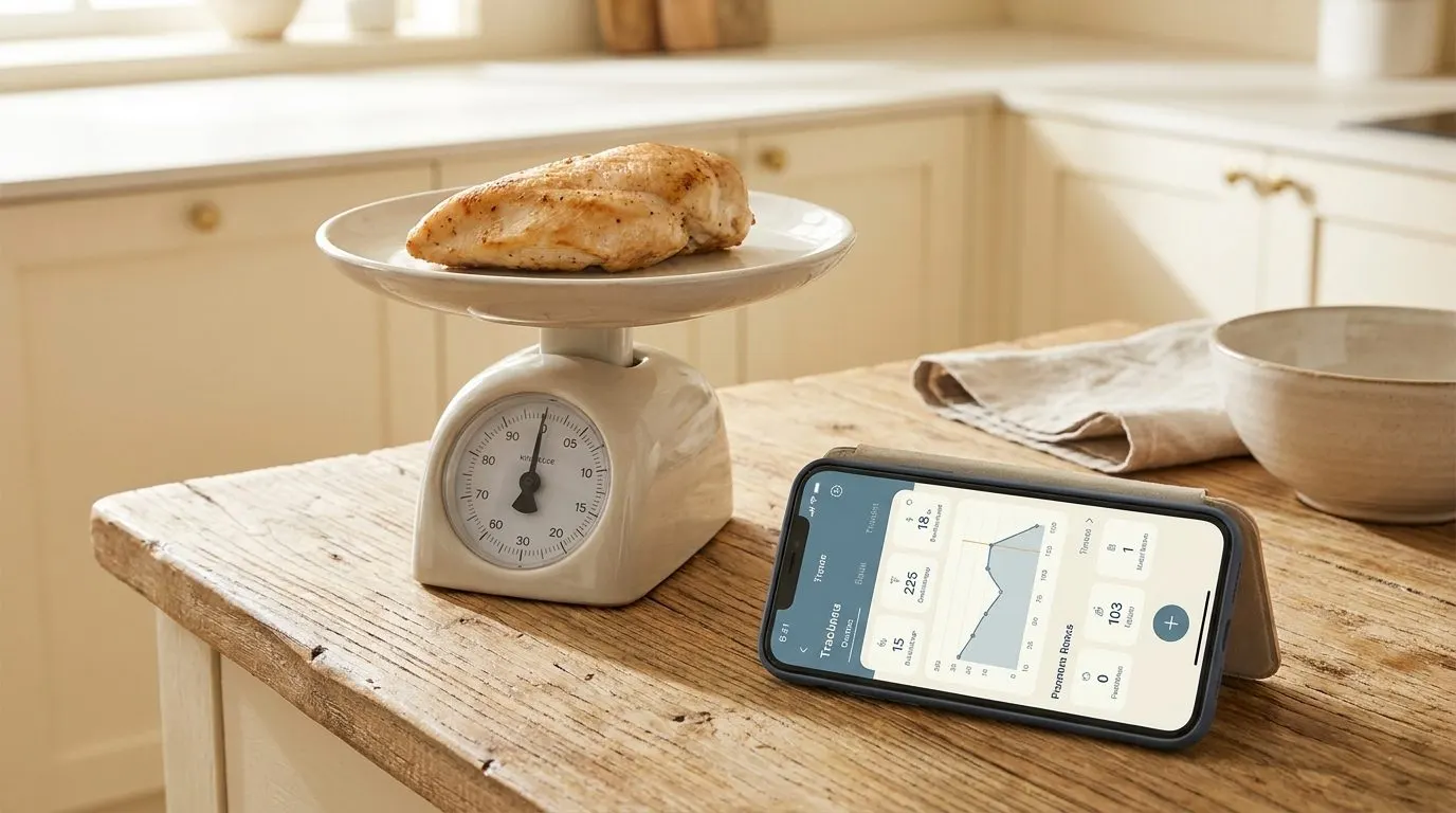 Editorial photo of a kitchen scale, weighed chicken breast and a tracking app open on a phone