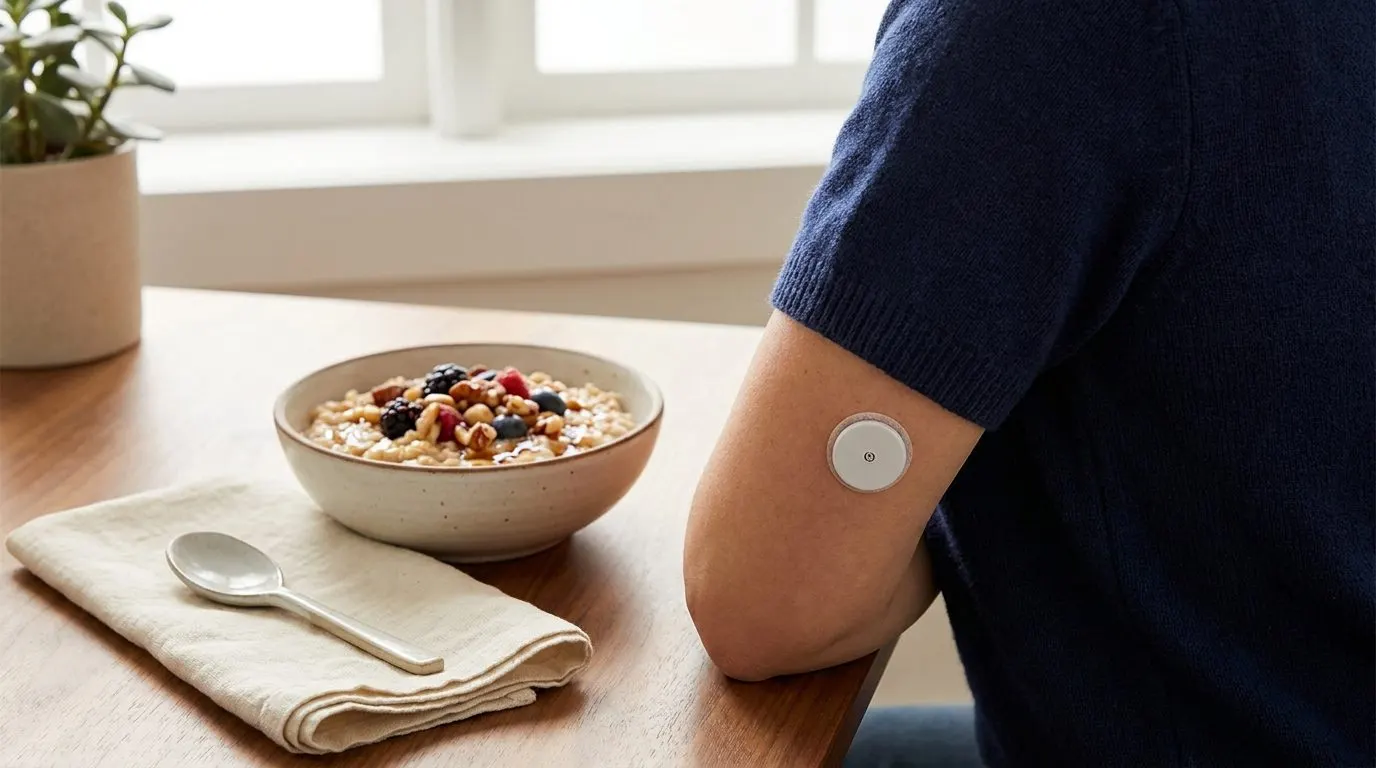 Editorial close-up of a continuous glucose monitor sensor on the back of an arm beside a bowl of oatmeal