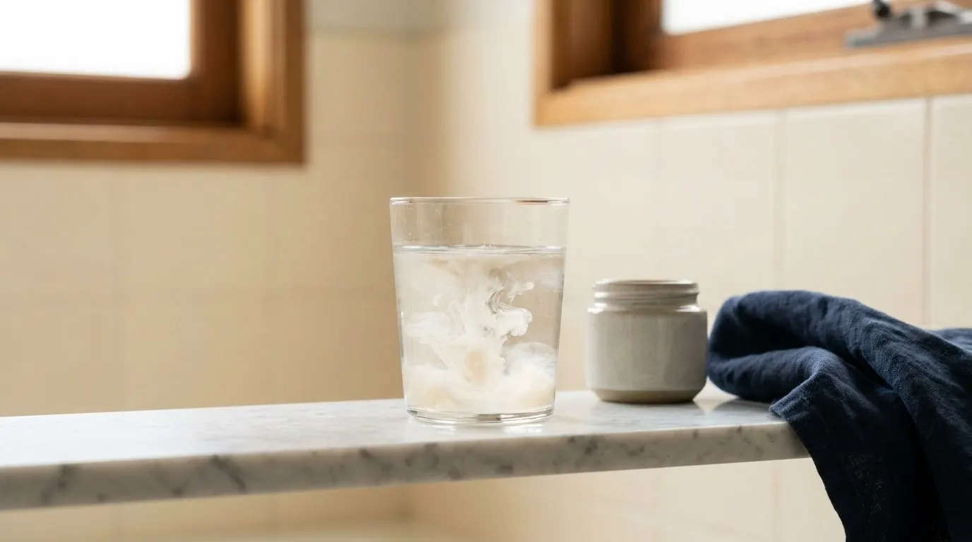 Editorial photo of collagen powder dissolving in a glass of water on a marble bathroom shelf