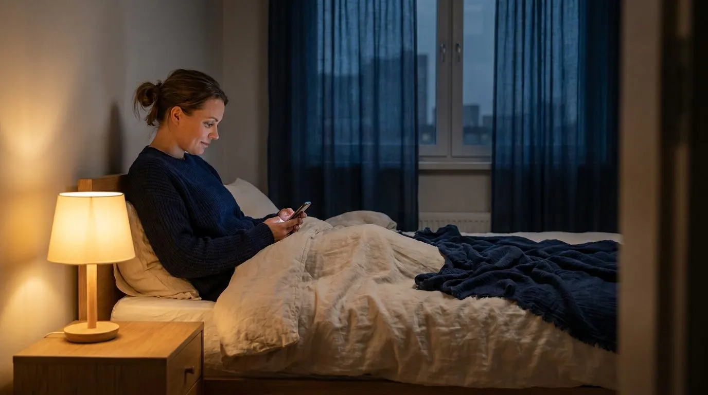 Editorial photo of a woman scrolling a phone late at night with a dim lamp and unmade bed behind her