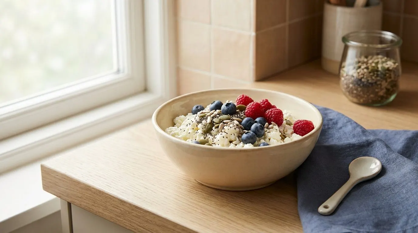 Editorial bowl of cottage cheese topped with berries and seeds on a bright kitchen surface