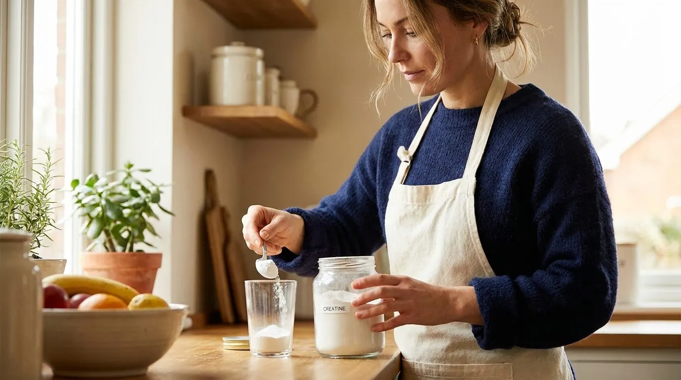 Editorial photo of a woman in her forties scooping creatine powder into a glass in a bright kitchen