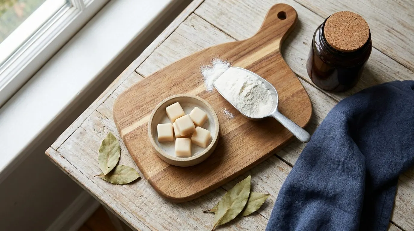 Editorial flat lay of creatine gummies beside a scoop of plain creatine powder on a wooden board