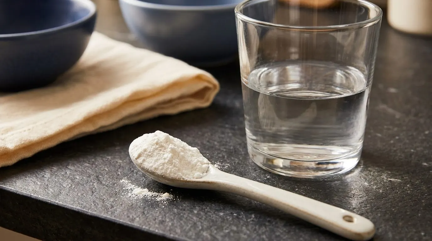 Editorial close-up of creatine powder on a spoon beside a glass of water on a dark counter
