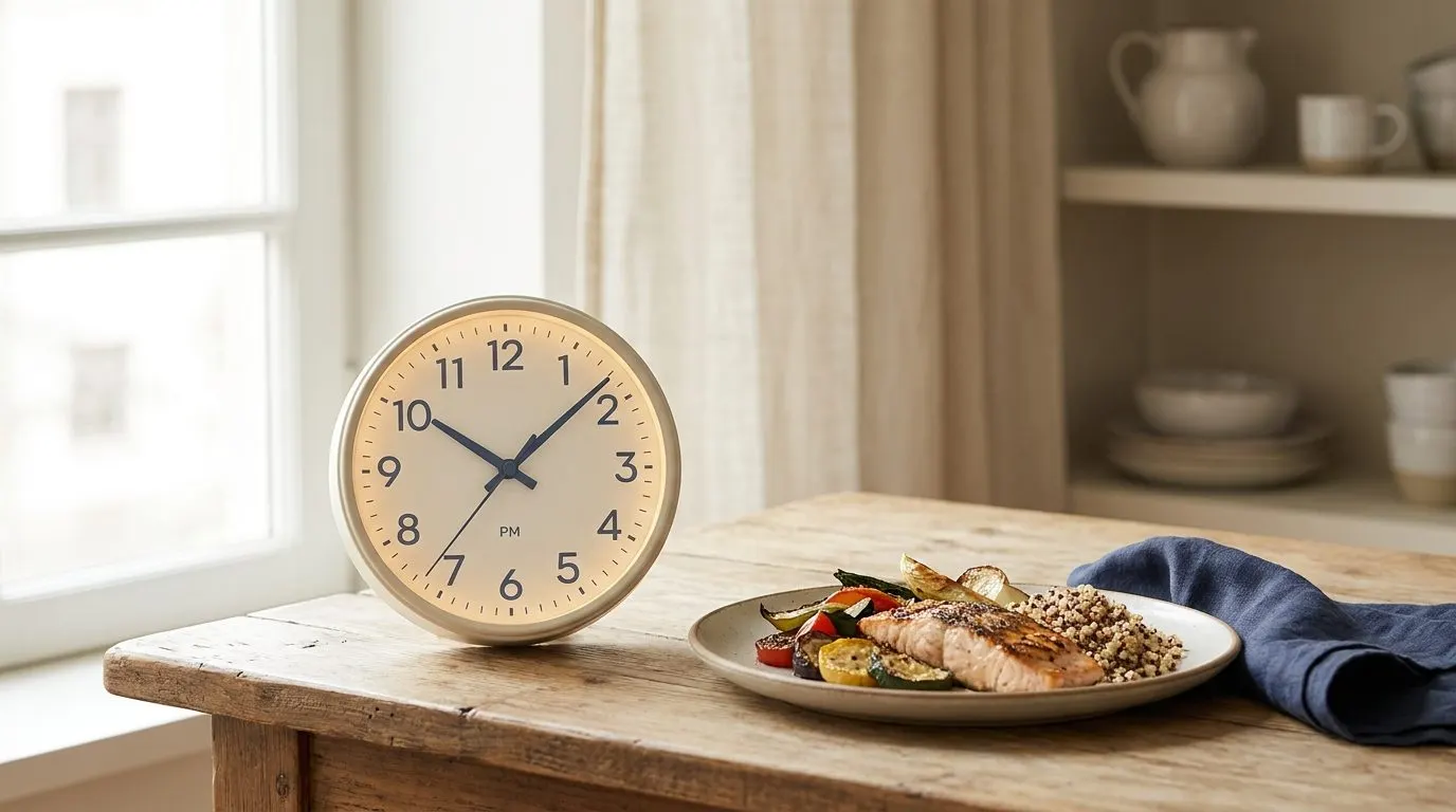 Editorial image of a clock beside a plated meal symbolizing time-restricted eating windows