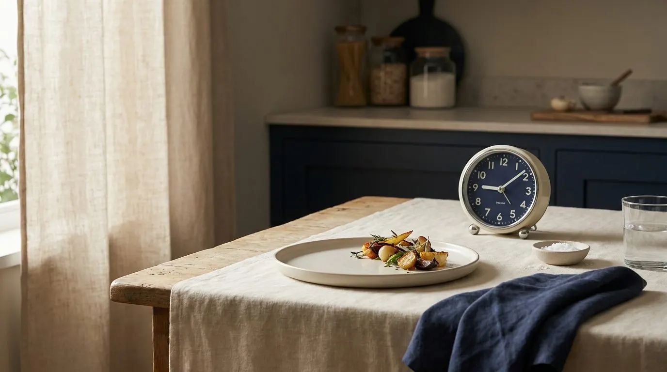 Editorial photo of a dinner plate on a kitchen table beside a clock showing a late evening hour