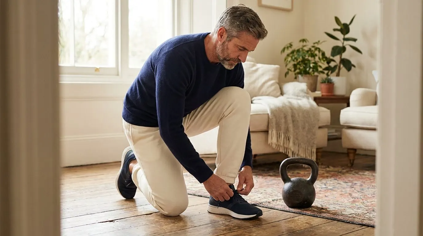 Editorial photo of a fit man in his late forties tying running shoes beside a kettlebell at home