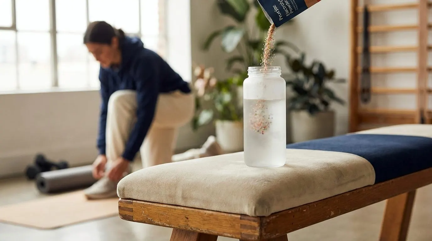 Editorial photo of a colorful electrolyte powder stick pouring into a water bottle on a gym bench