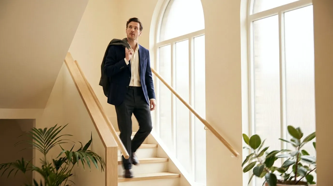 Editorial photo of an office worker climbing a bright stairwell quickly, jacket over one shoulder