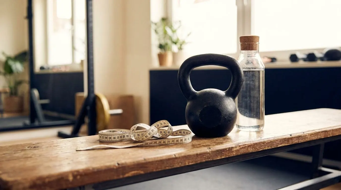 Editorial photo of a tape measure coiled on a gym bench beside a kettlebell and water bottle