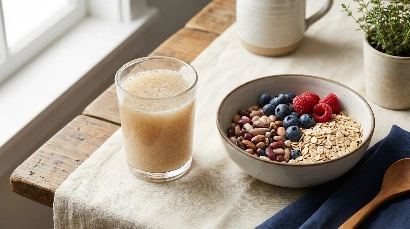 Editorial overhead shot of a glass of psyllium husk drink beside a bowl of beans, oats and berries