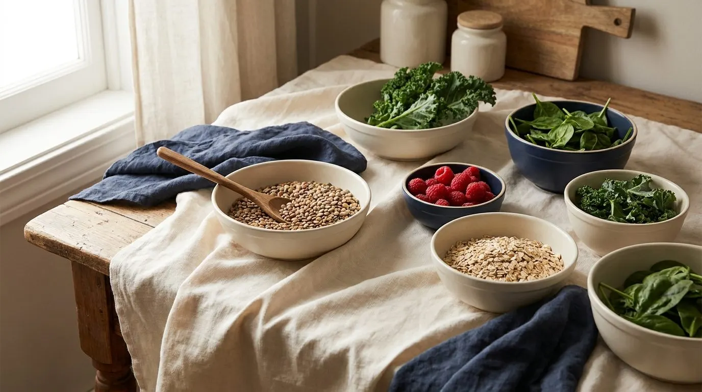 Editorial spread of high-fiber foods including lentils, raspberries, oats and leafy greens on a table