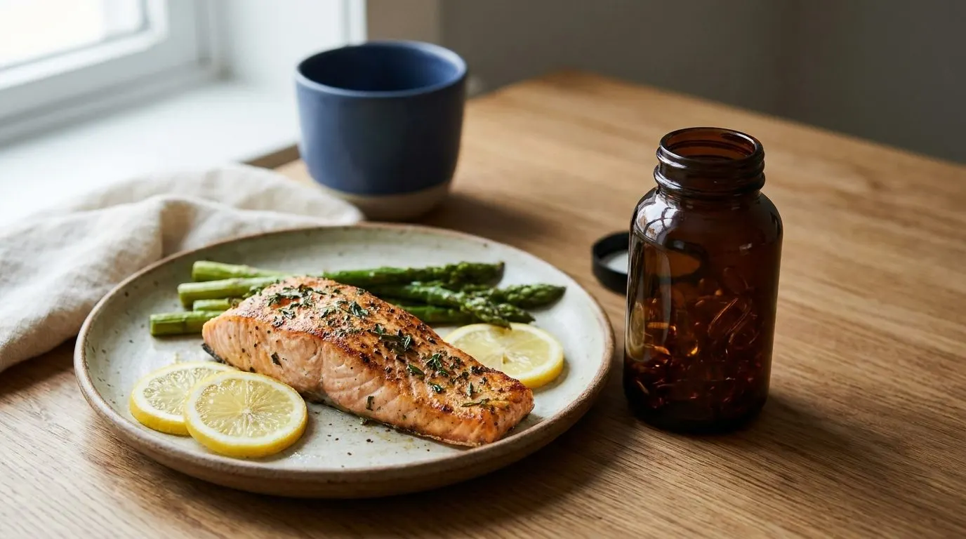 Editorial photo of grilled salmon on a plate beside an open bottle of fish oil capsules