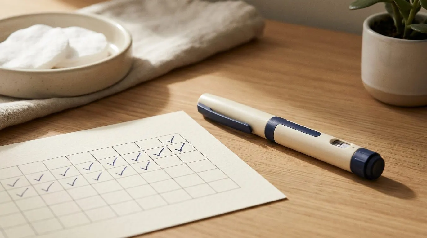 Editorial close-up of an injection pen and a printed dosing calendar on a clinic desk