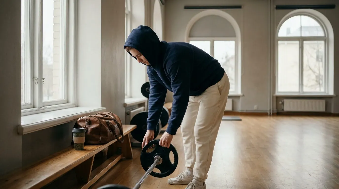 Editorial photo of a busy adult loading a barbell in a quiet gym before work, gym bag nearby