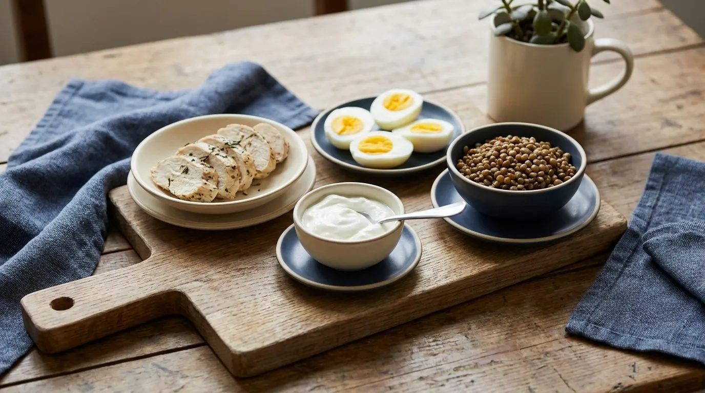 Editorial flat lay of portioned protein sources: chicken, eggs, Greek yogurt and lentils on a wood board