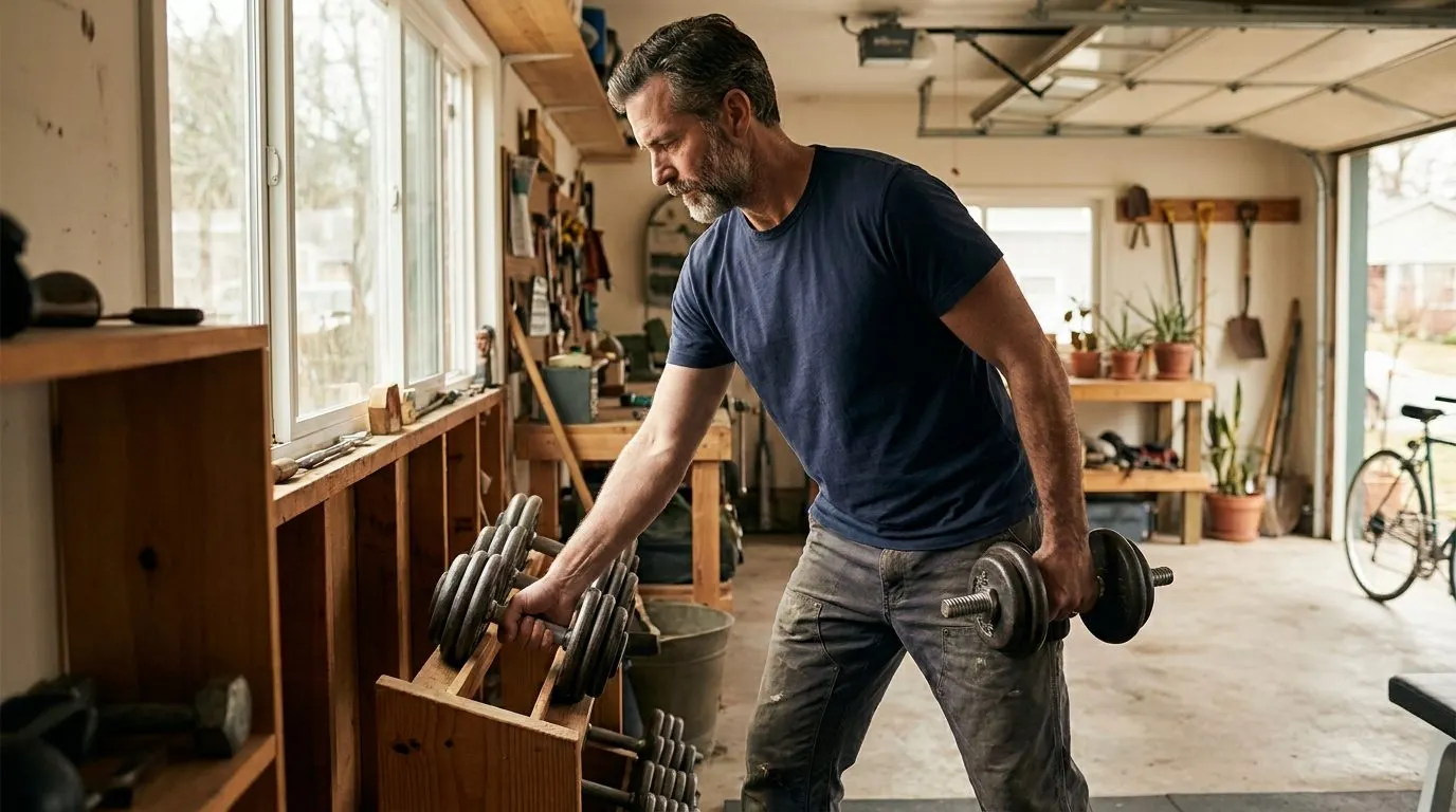 Editorial photo of a man in his forties racking dumbbells in a garage gym before work