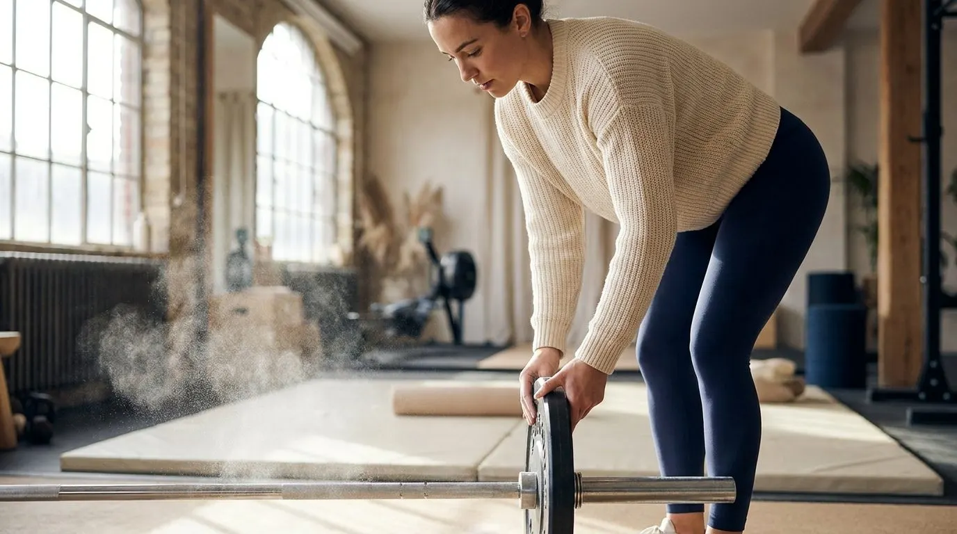 Editorial photo of a woman loading a barbell in a bright gym, chalk dust in the air