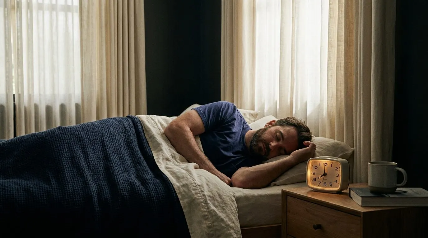 Editorial photo of a man asleep in a dark bedroom, alarm clock showing an early bedtime hour