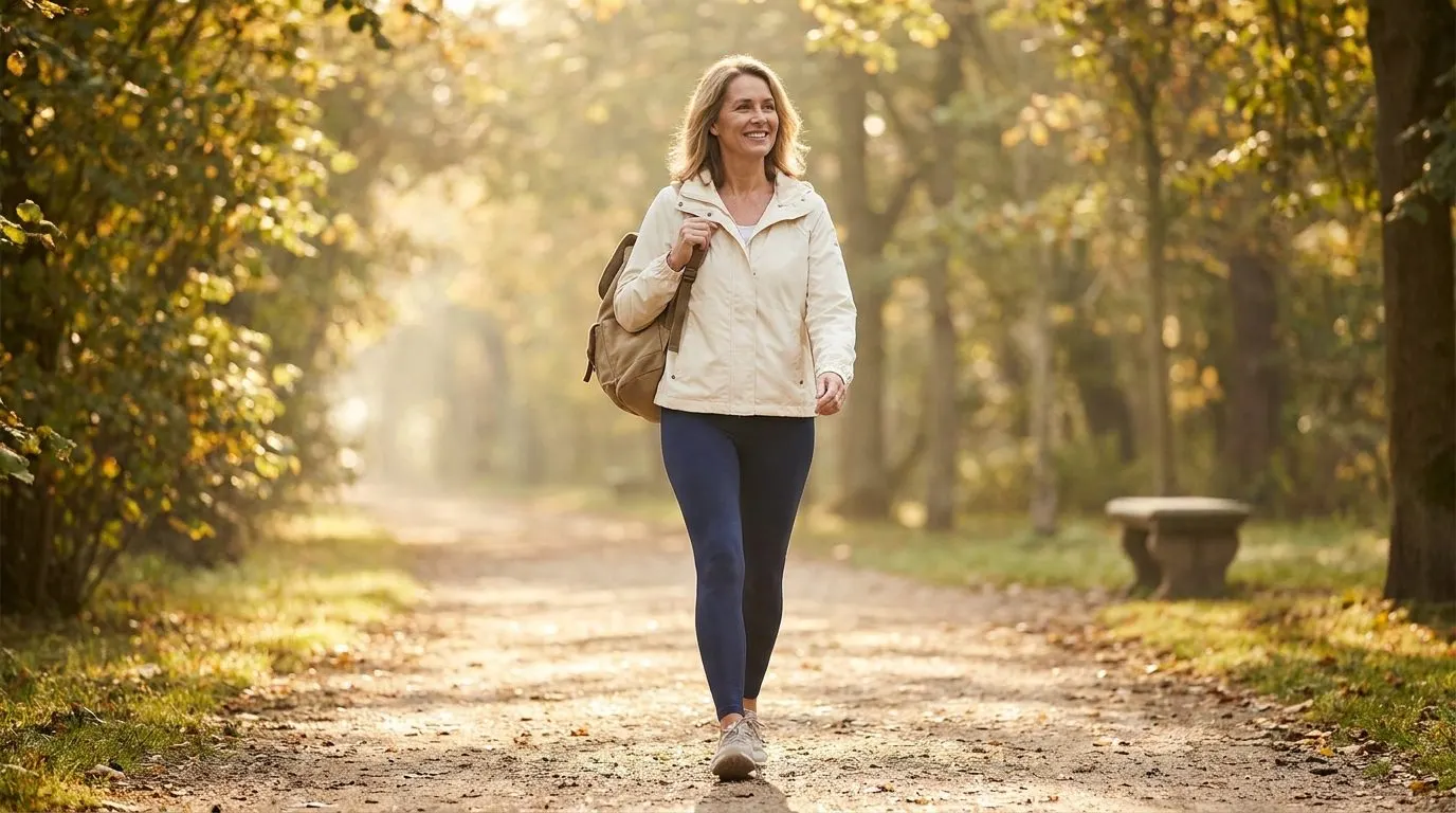 Editorial photo of a middle-aged walker striding briskly along a tree-lined path in morning light