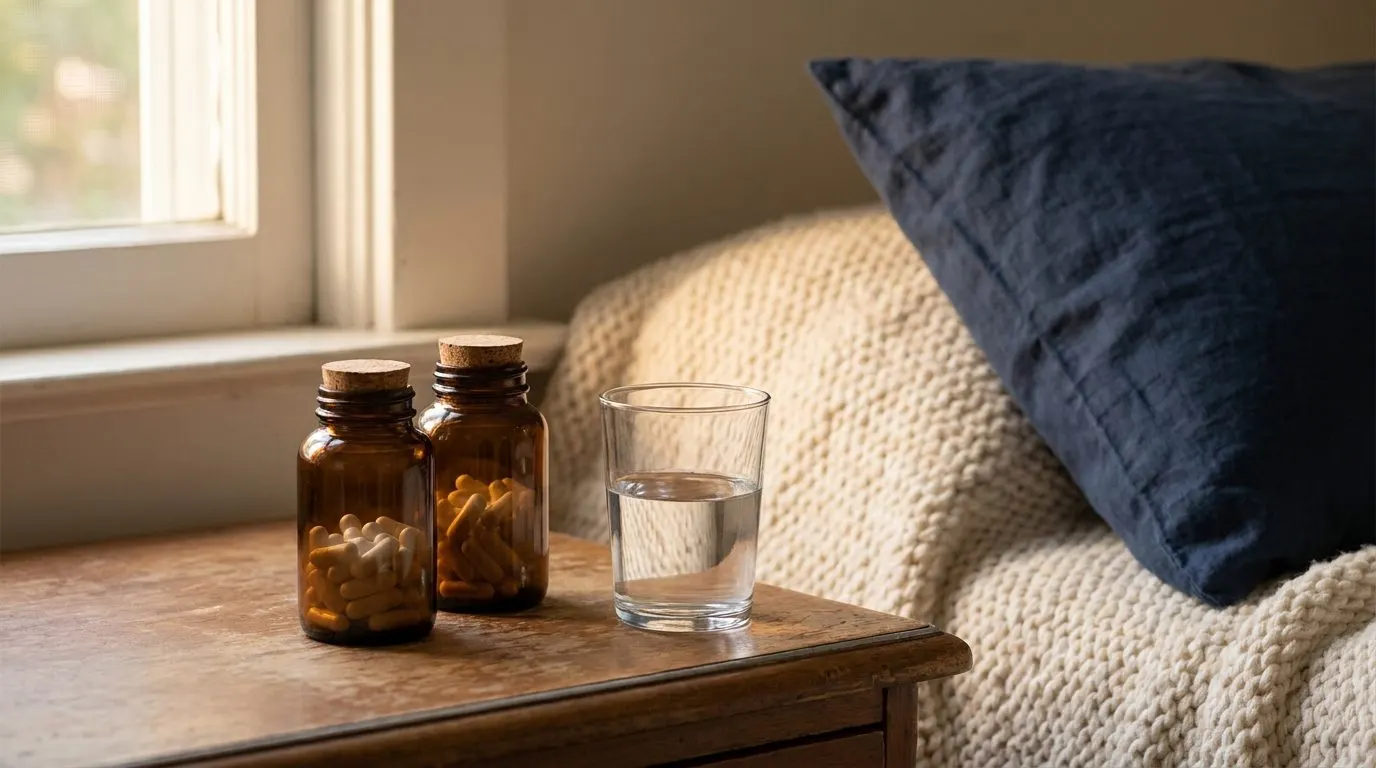 Editorial photo of two magnesium supplement bottles beside a glass of water on a nightstand at dusk