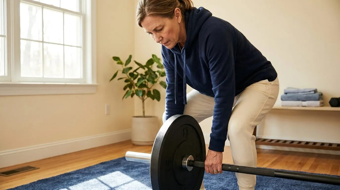 Editorial photo of a woman in her fifties setting up a loaded barbell for a deadlift in a home gym