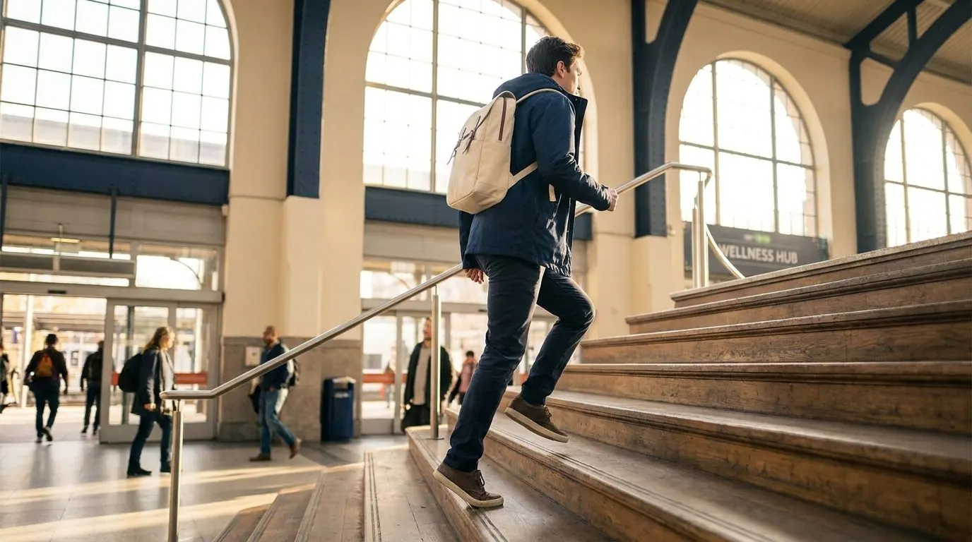 Editorial photo of a commuter taking the stairs two at a time in a sunlit transit station