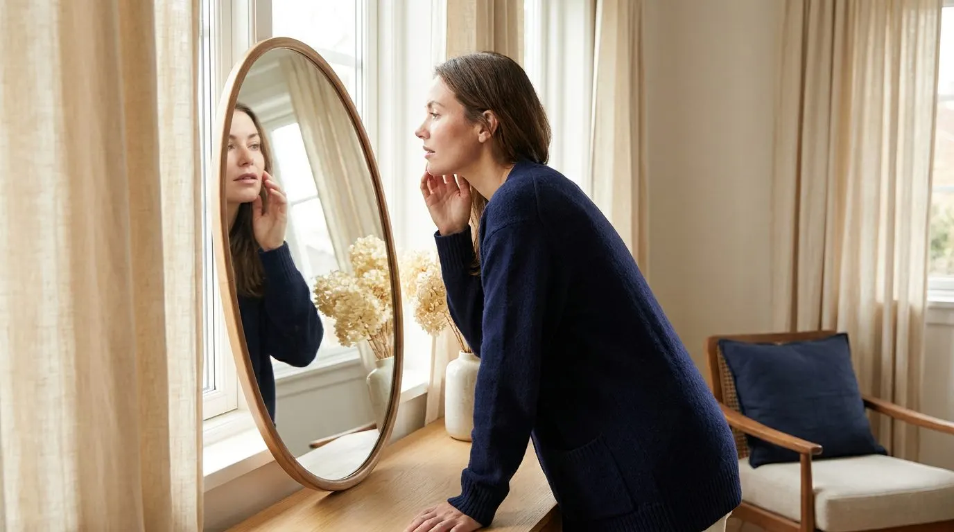 Editorial portrait of a middle-aged woman examining her facial contours in a mirror under soft window light