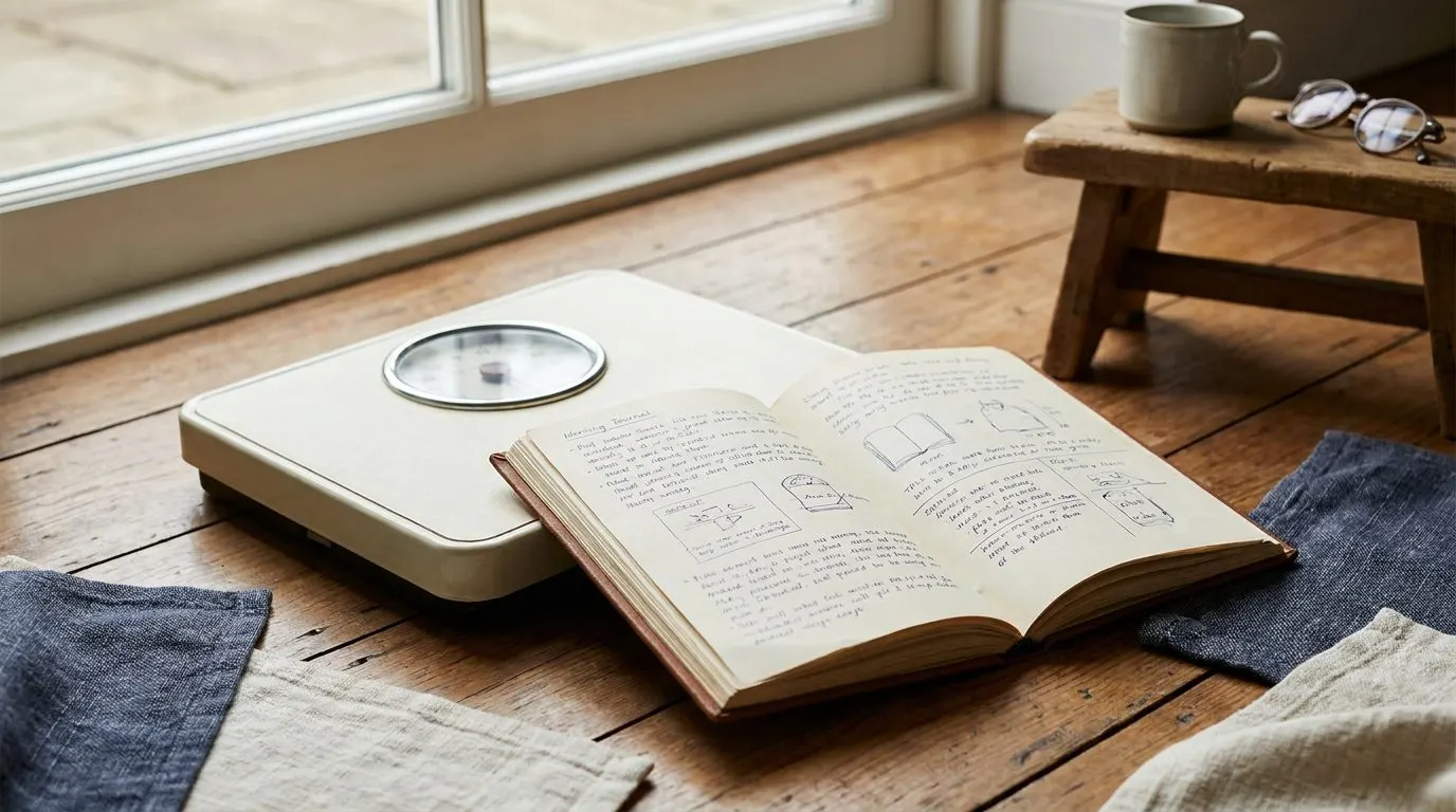 Editorial photo of a bathroom scale and an open food journal on a wooden floor in morning light
