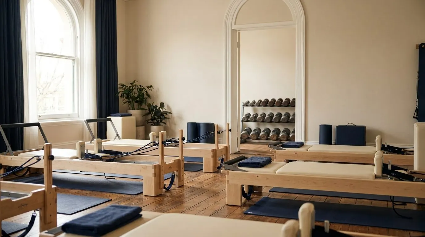 Editorial photo of a reformer pilates studio with a rack of dumbbells visible through a doorway