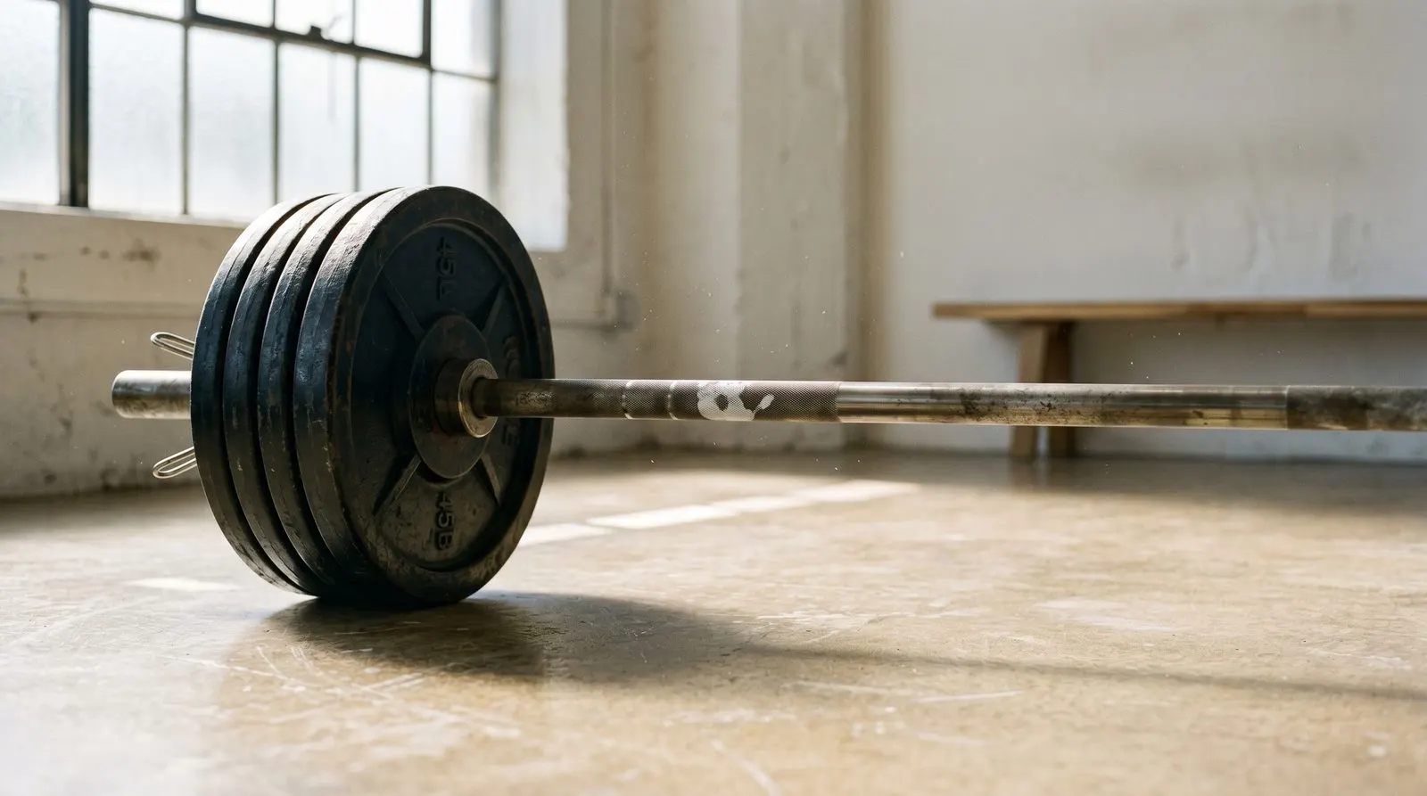 Editorial close-up of an Olympic barbell loaded with worn black iron plates on a cream concrete studio floor, soft daylight from a tall window, a single chalk handprint visible on the knurling.