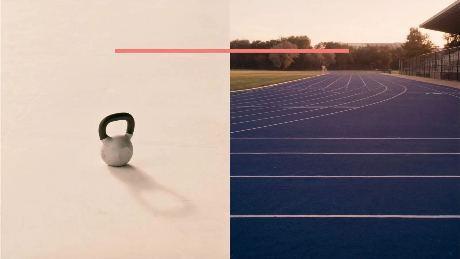 Editorial split-frame image showing a kettlebell on one side and a running track on the other, unified by cream and navy palette.