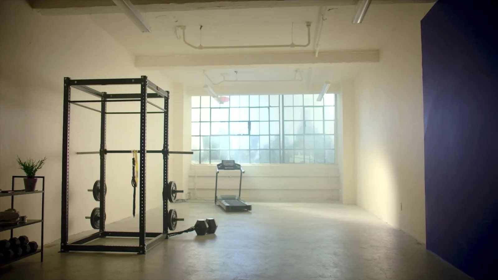 Editorial wide-shot of a minimalist private training studio with power rack and treadmill, cream walls, polished concrete floor.