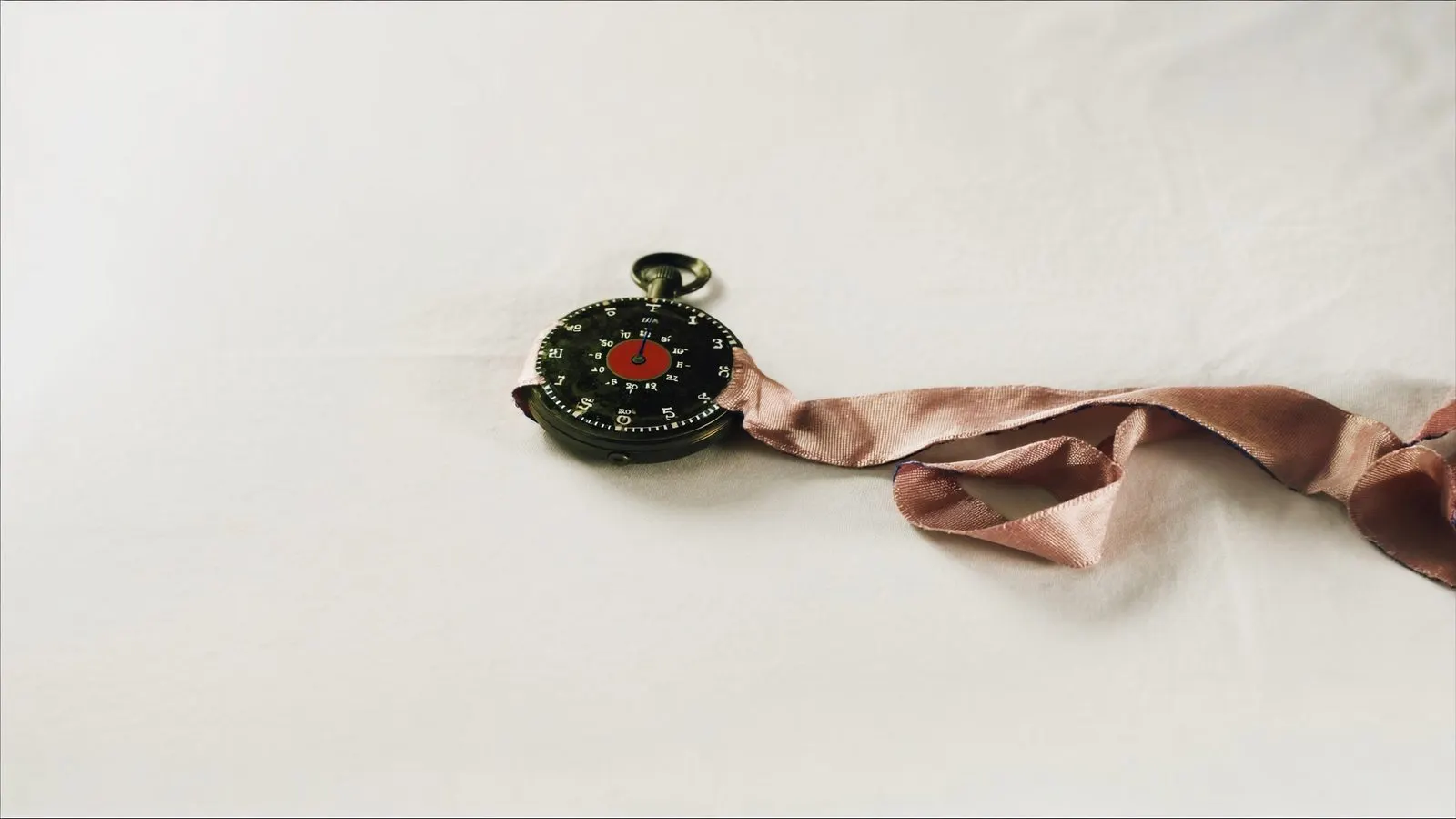 Editorial close-up of an antique pocket stopwatch on cream linen with a single dusty rose silk ribbon.