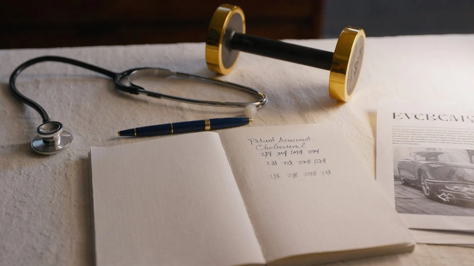 Editorial close-up of a clinical notepad with handwritten cholesterol numbers, brass stethoscope, and a single dumbbell on cream linen.
