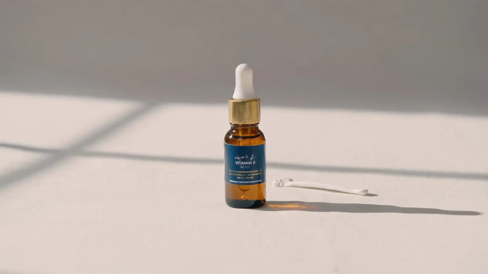 Editorial close-up of a small bottle of vitamin D drops on cream linen beside a single window light pattern, soft daylight.