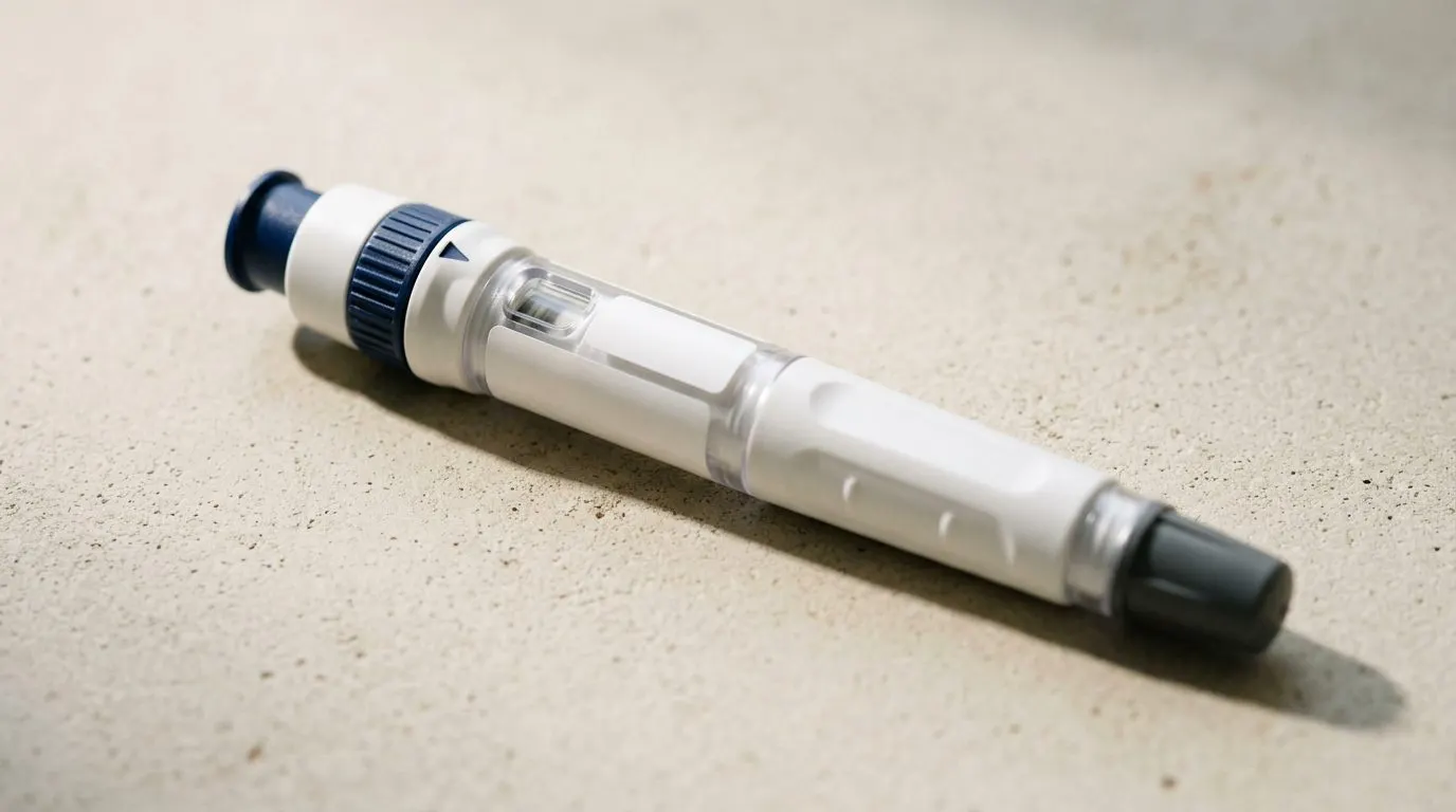 Editorial close-up of a single unbranded white GLP-1 injection pen with a navy blue dose dial, lying diagonally on a cream concrete surface with soft directional daylight from the left.