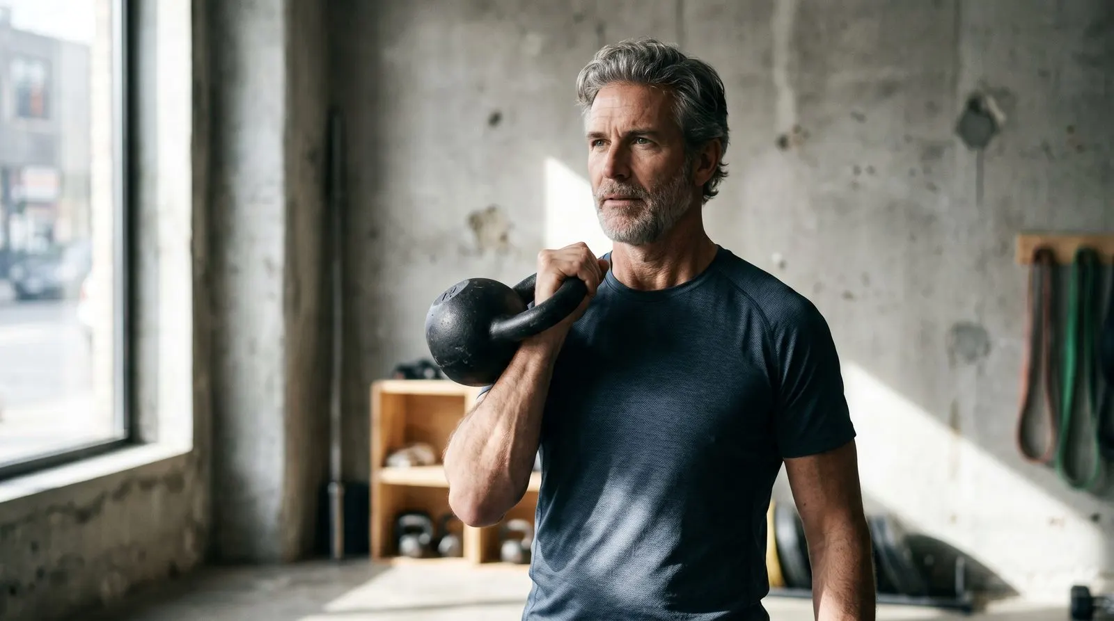 Editorial portrait of an athletic man in his mid-50s holding a kettlebell at chest height in a minimalist concrete studio, salt-and-pepper hair, deep navy training shirt, dramatic side daylight.