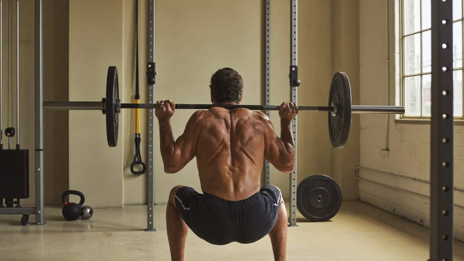Editorial side profile of a man in his fifties mid-deadlift, focus on bracing and grip