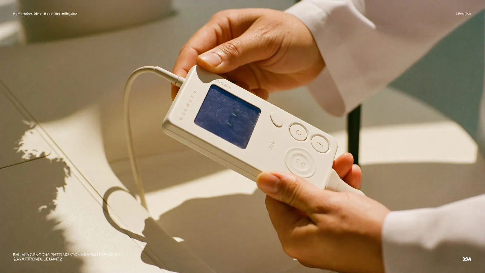 Editorial close-up of a bioimpedance device with electrodes on hands and feet during a body composition scan
