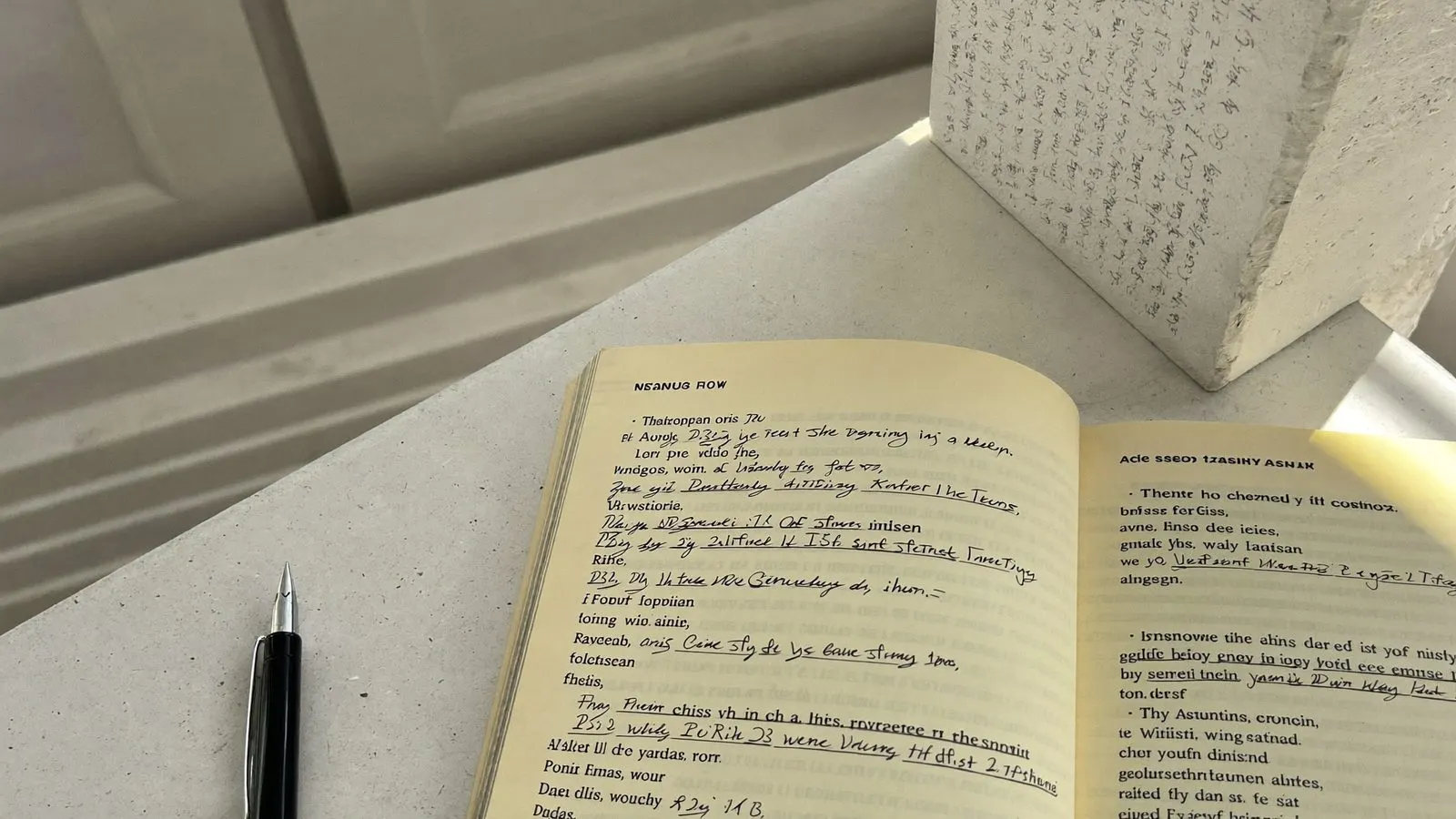 Editorial close-up of an open peer-reviewed journal beside training notes on a cream studio table in daylight