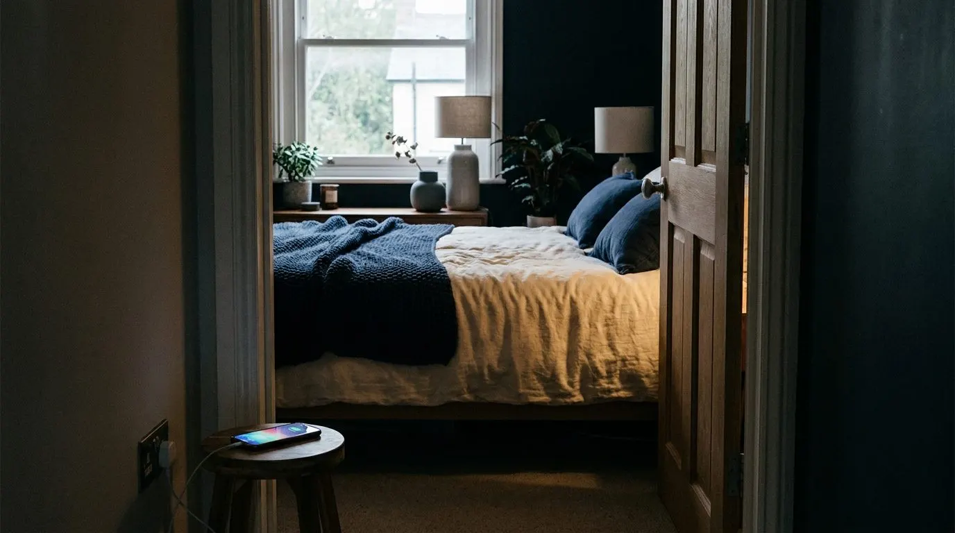 Editorial photo of a dark, cool bedroom at dusk with a phone charging outside the door